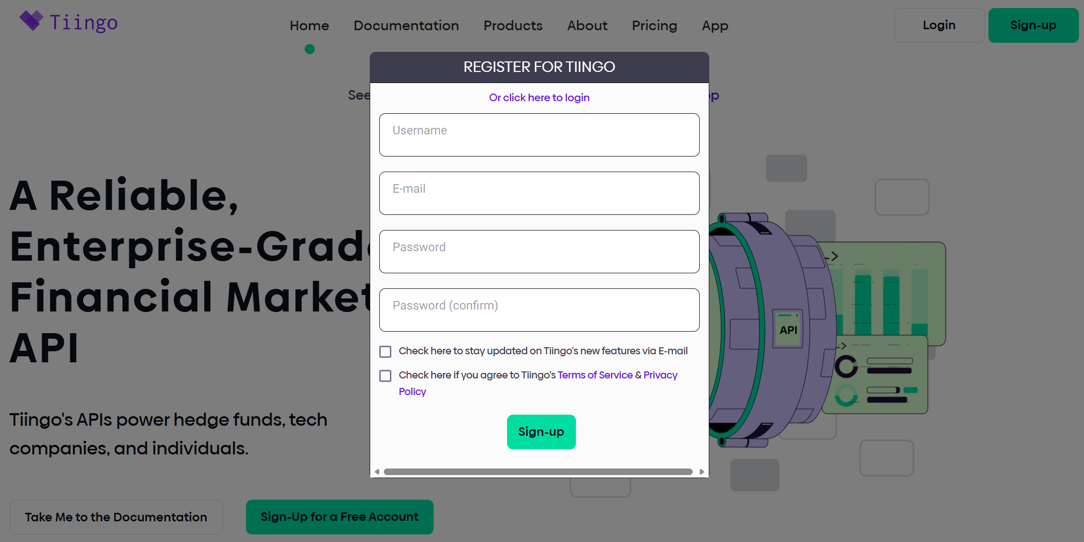 Tiingo's registration modal with Username, E-mail, Password, and Password (confirm) fields