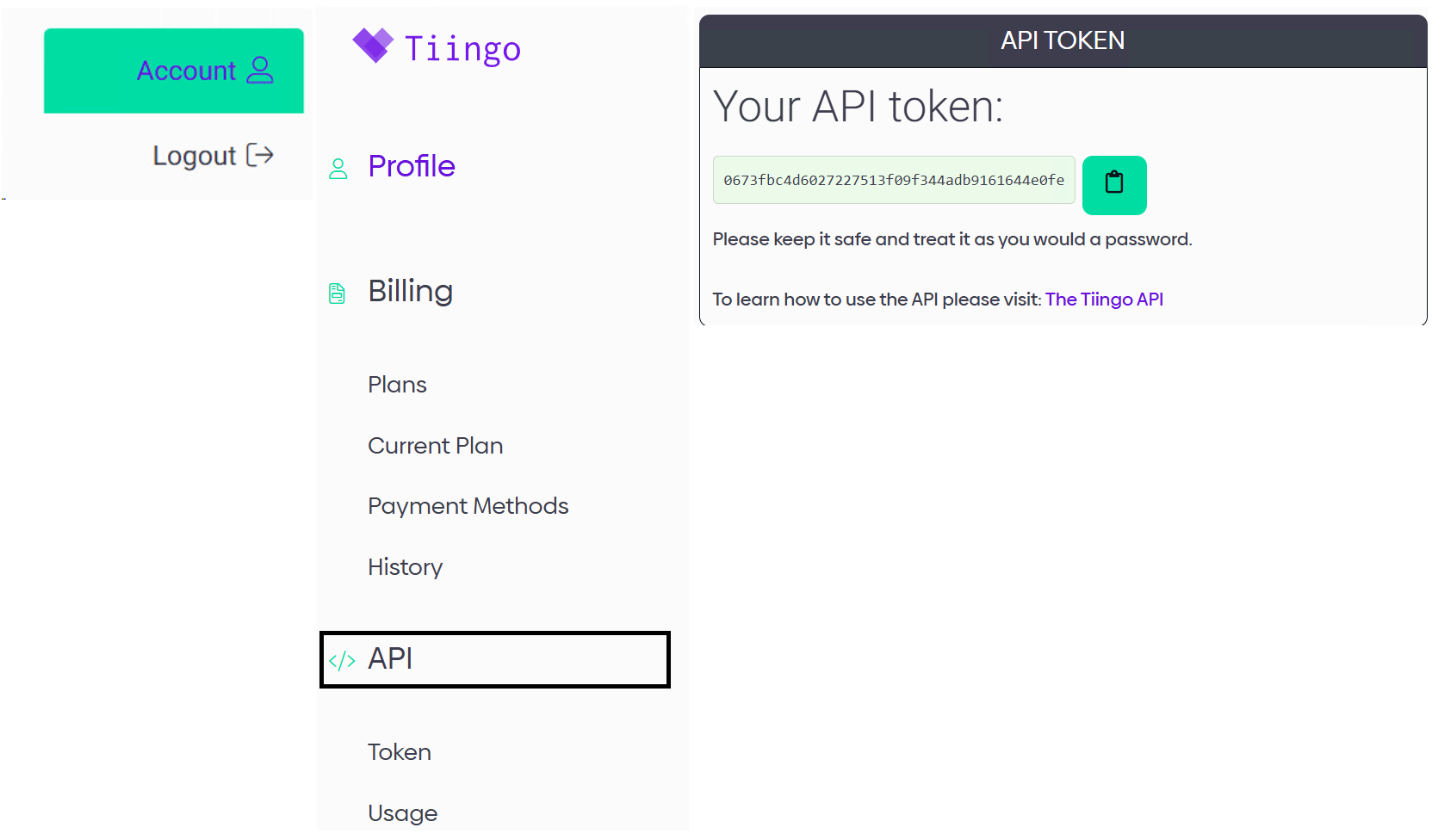 Tiingo Account dropdown, the API menu item highlighted in the left sidebar, and the API Token box on the right with a copy button