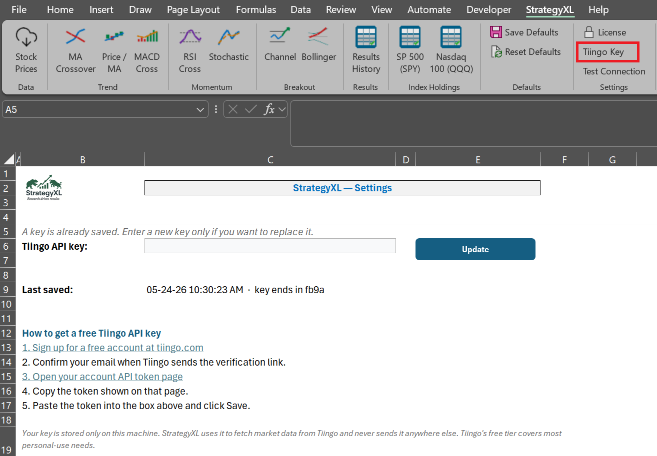 The Tiingo Key button highlighted on the StrategyXL ribbon, with the Settings sheet shown below in its post-save state (a key is already saved, primary button reads Update, Last saved timestamp visible)