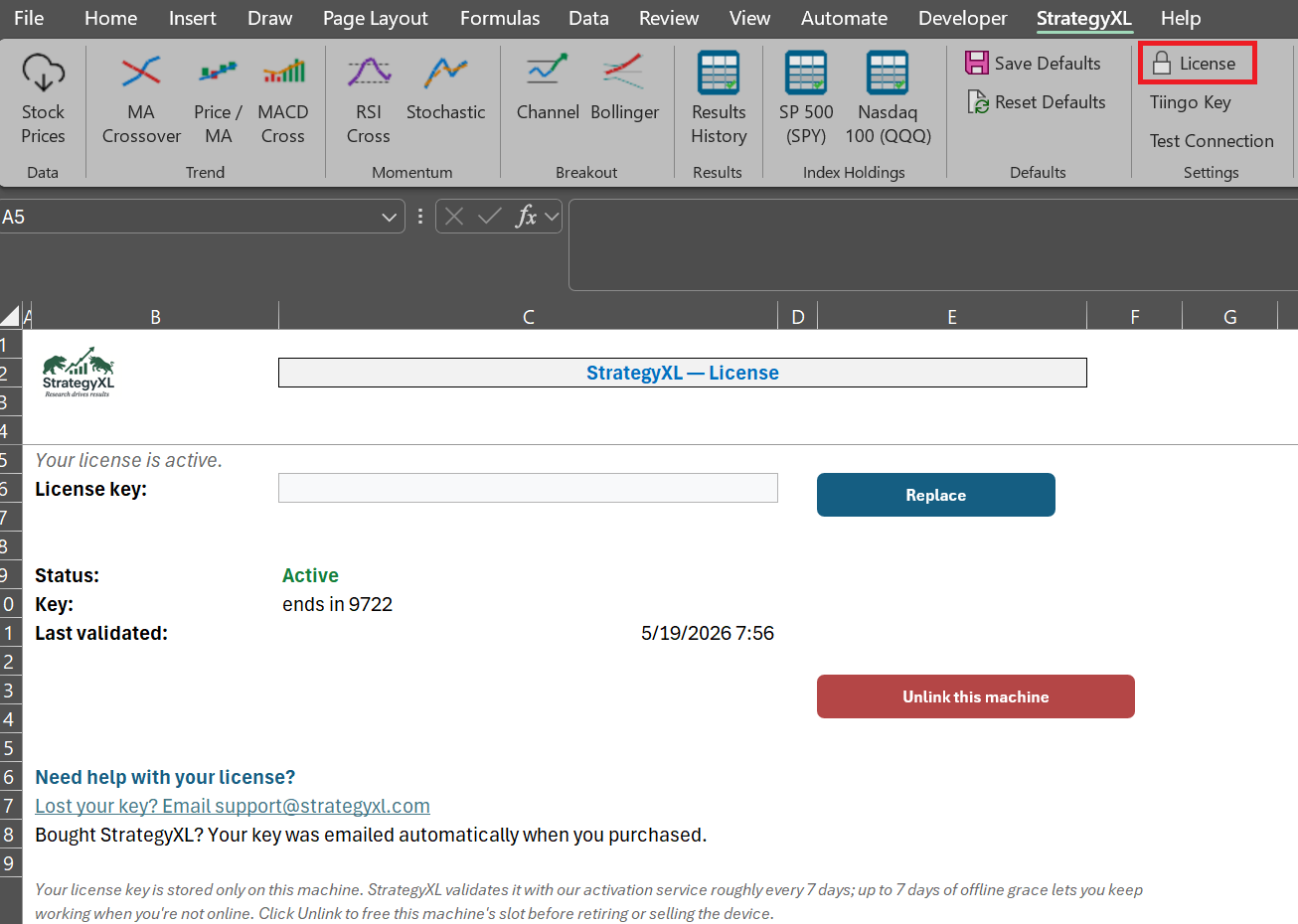 The License button highlighted on the StrategyXL ribbon, with the License sheet shown below in its post-activation state (Status: Active, Last validated, Replace and Unlink this machine buttons visible)