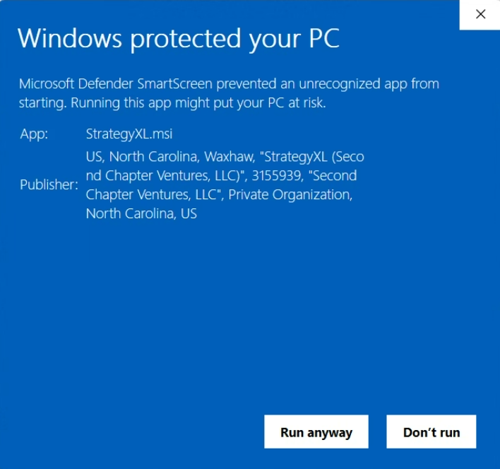 SmartScreen dialog after clicking 'More info', showing publisher details (Second Chapter Ventures, LLC) and the 'Run anyway' button