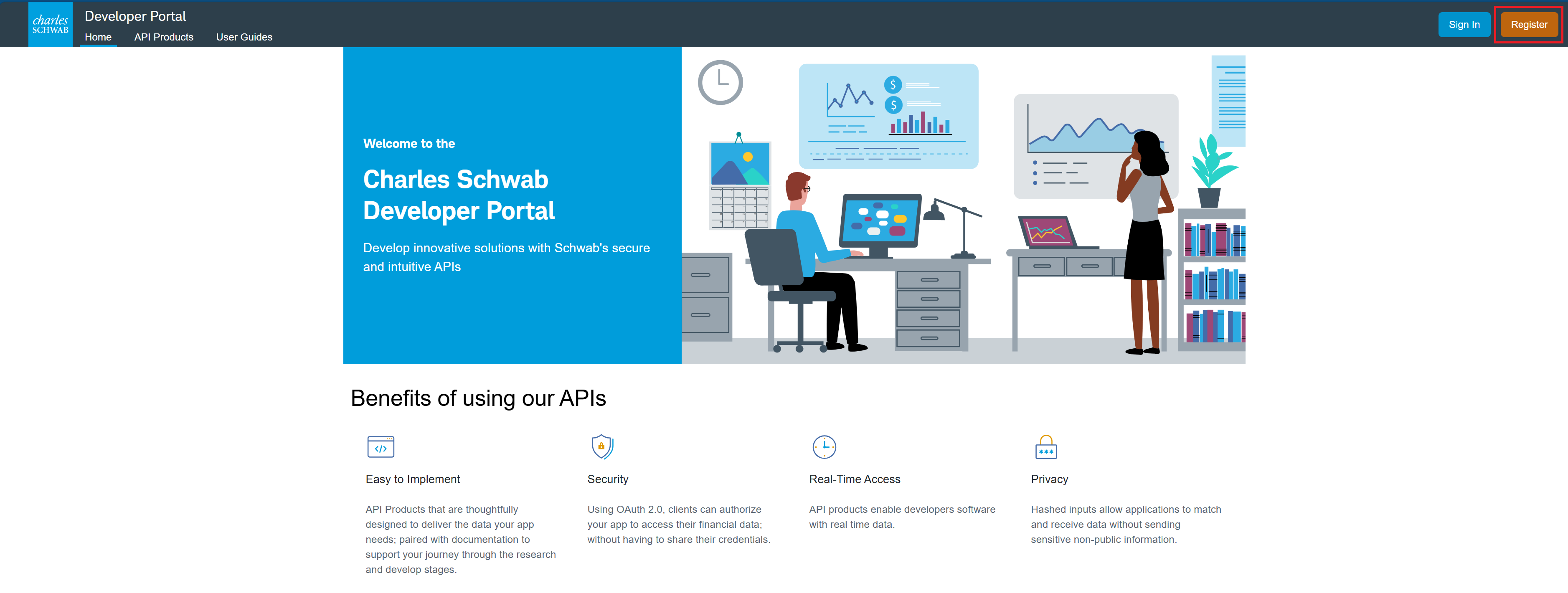 The Charles Schwab Developer Portal home page, with the Register button highlighted in the top-right corner.