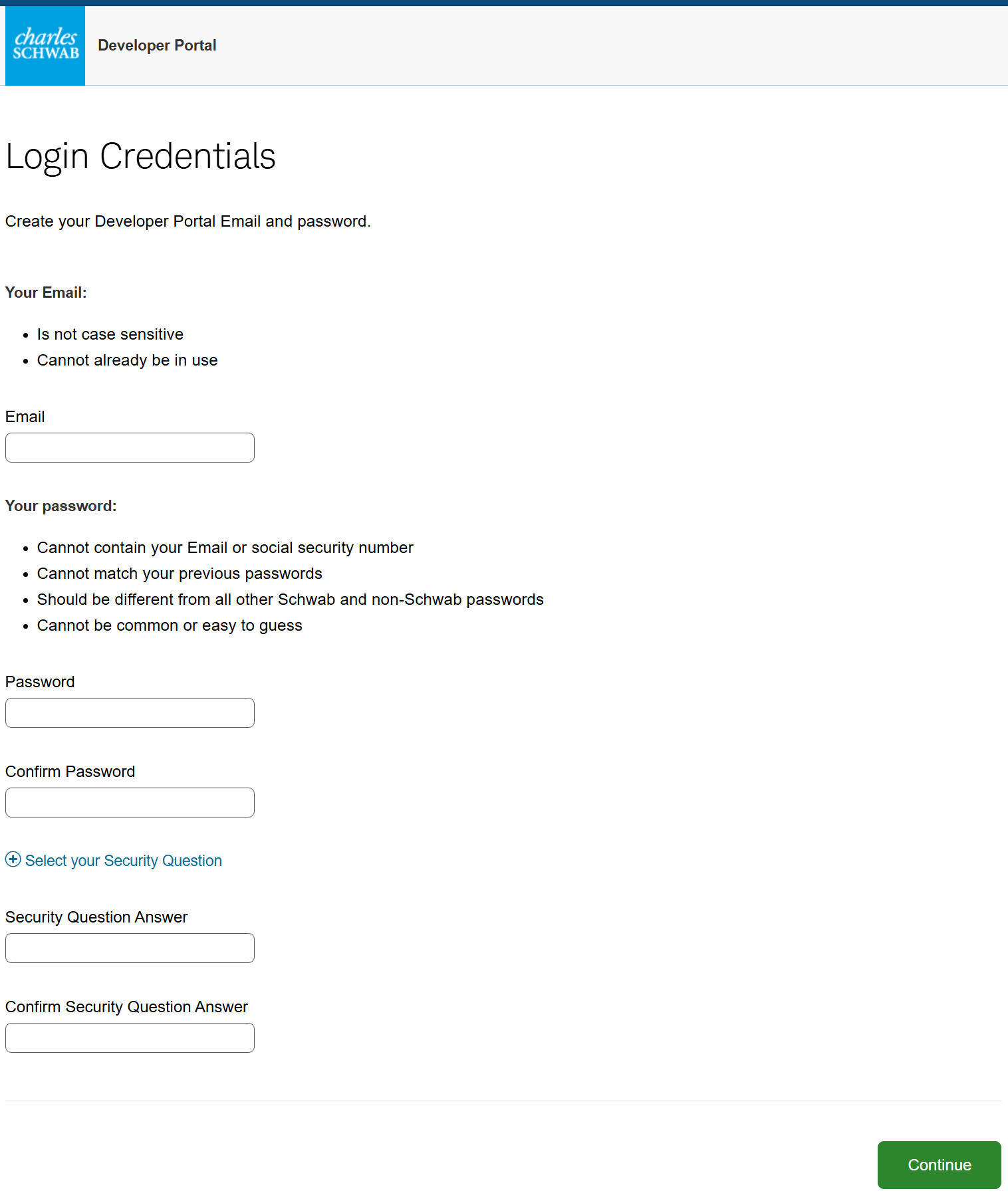 The Schwab Developer Portal 'Login Credentials' screen for setting an email, password, and security question.