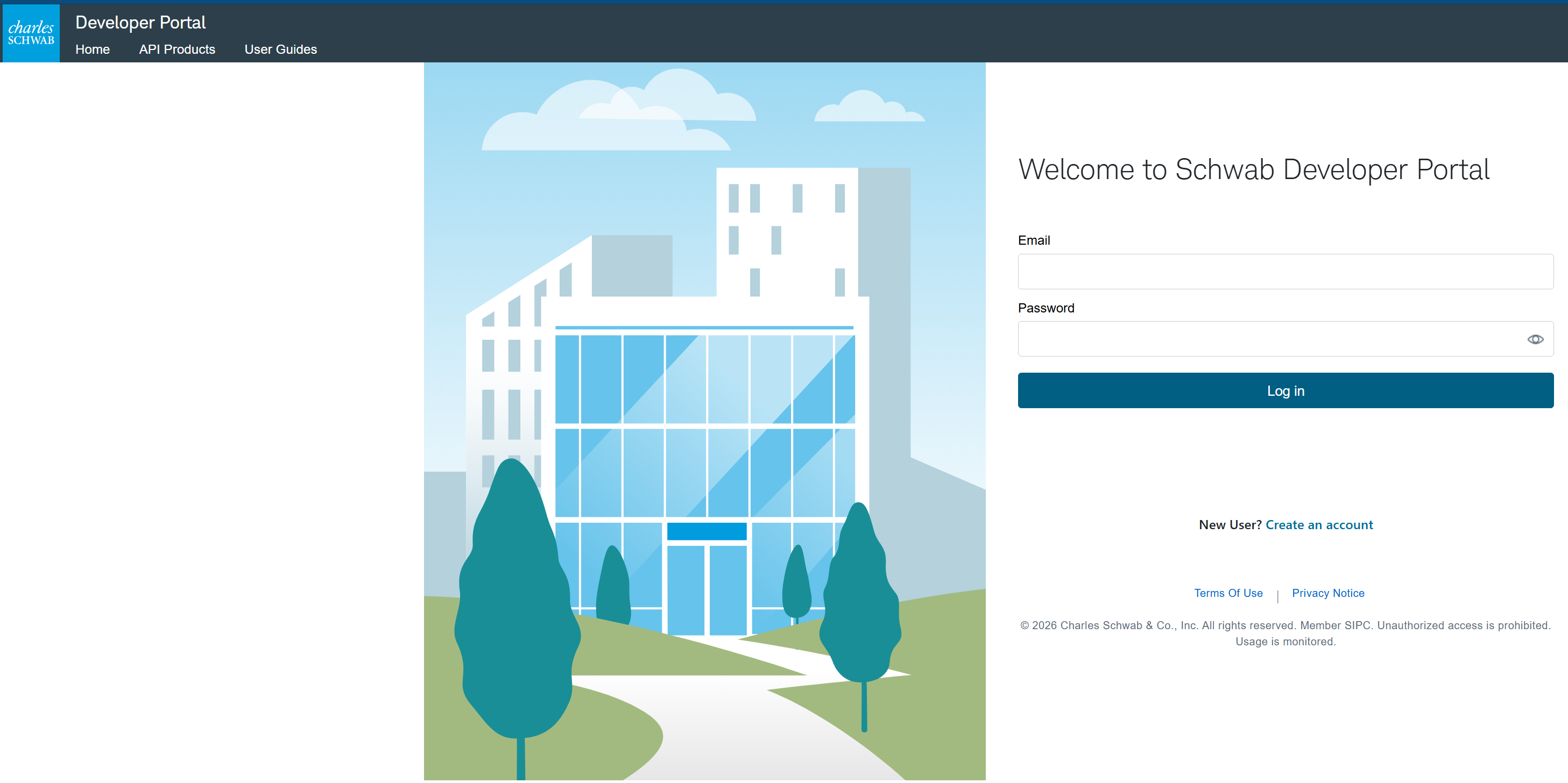 The 'Welcome to Schwab Developer Portal' login page with email and password fields.