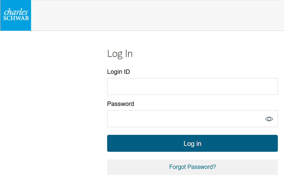 The Charles Schwab brokerage Log In page with Login ID and Password fields.